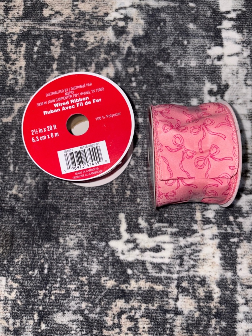 2 new Pink Wired Ribbon Rolls with Bow Print